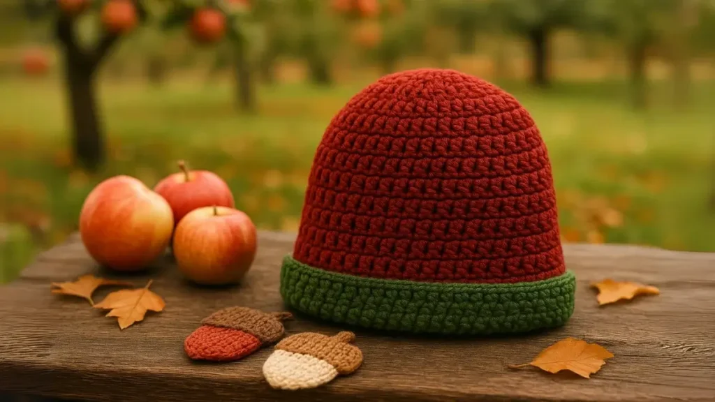 Red crochet beanie with green trim styled with apples
