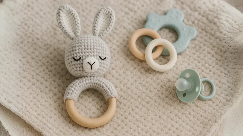 Crochet bunny rattle with wooden teething ring on baby blanket.