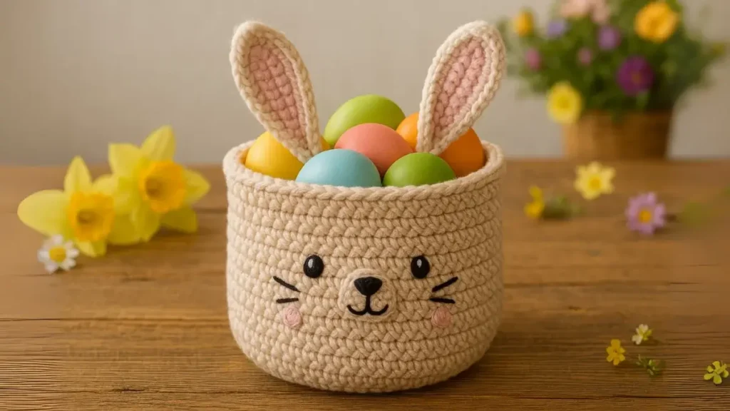 Crochet bunny basket filled with colorful Easter eggs.