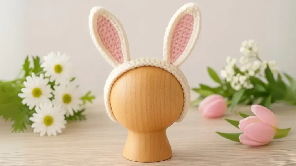 Crochet bunny ears headband in white and pink on mannequin.