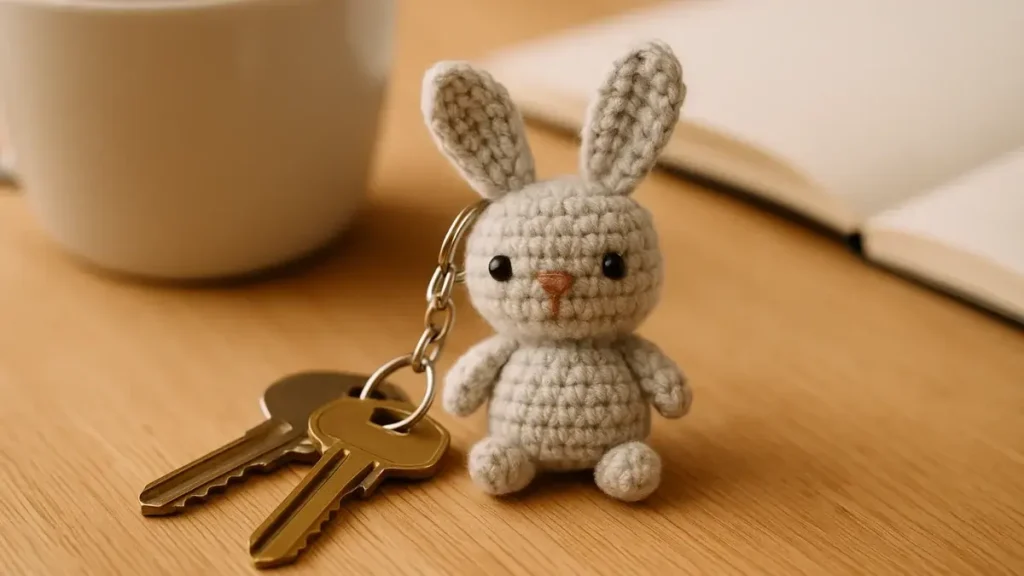Tiny crochet bunny keychain attached to house keys.