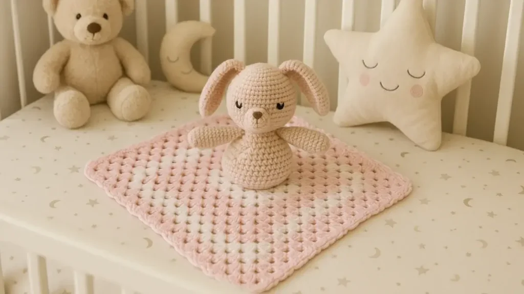 Crochet bunny lovey blanket in pastel pink with bunny head in center.
