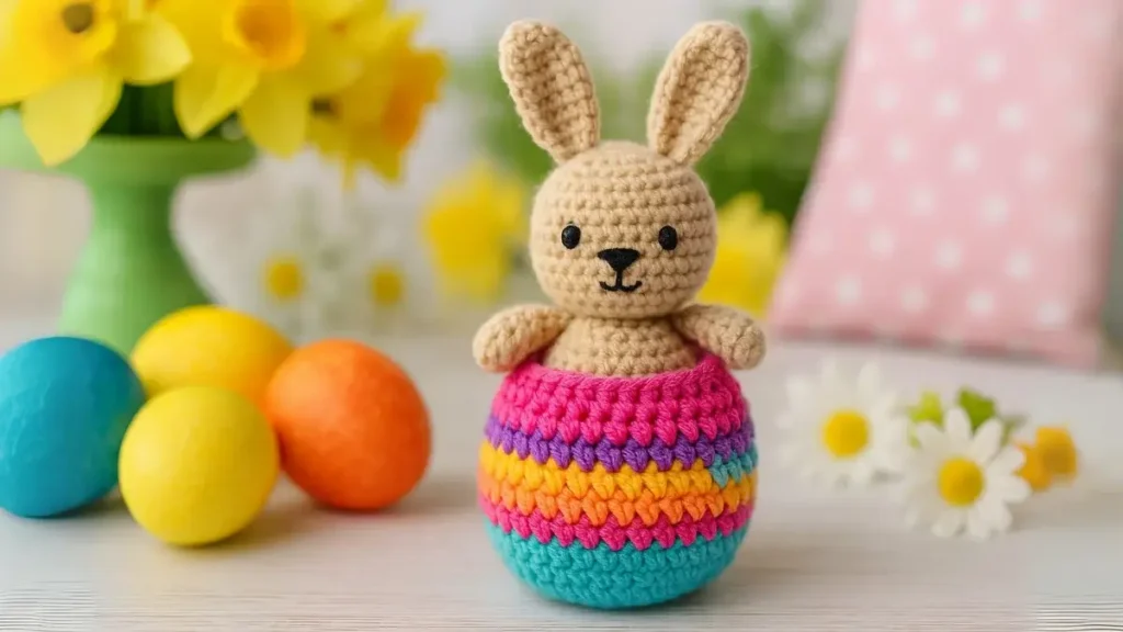 Crochet bunny inside colorful Easter egg shell with spring décor.