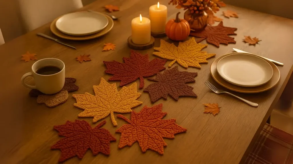 Crochet maple leaf table runner with fall décor