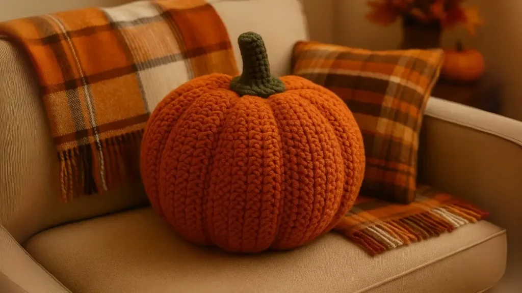 Crochet pumpkin pillow in orange with green stem