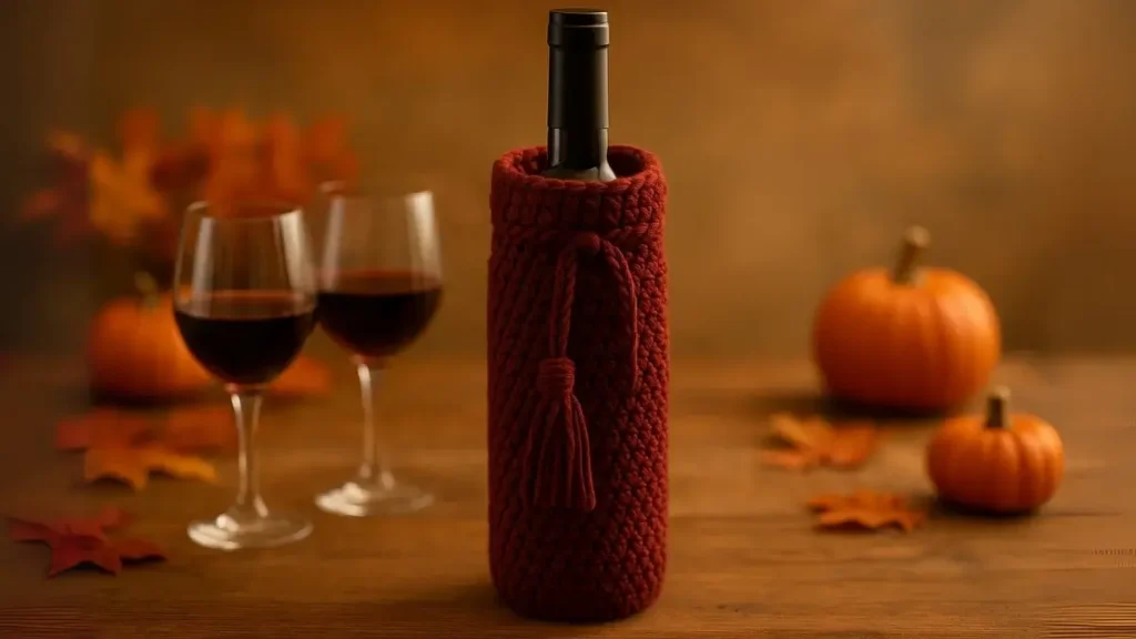 Crochet wine bottle sleeve in burgundy