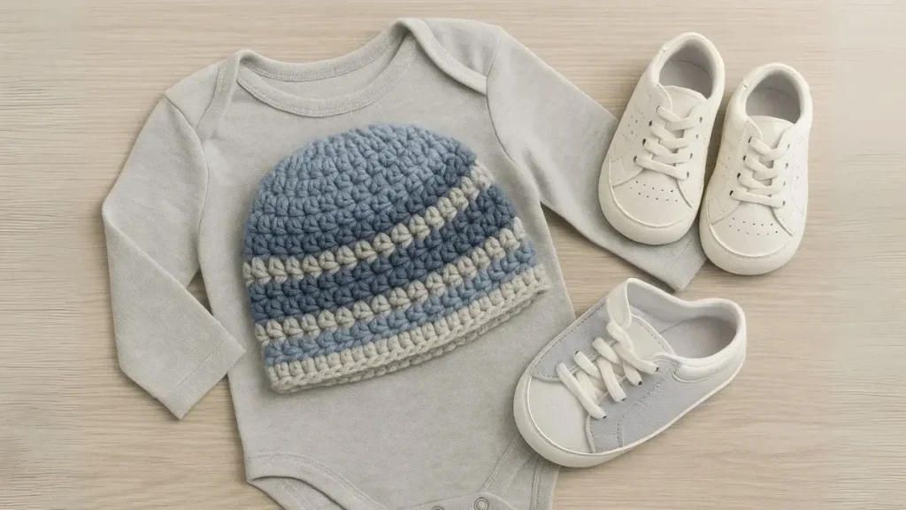 Blue and gray striped crochet baby hat on baby outfit