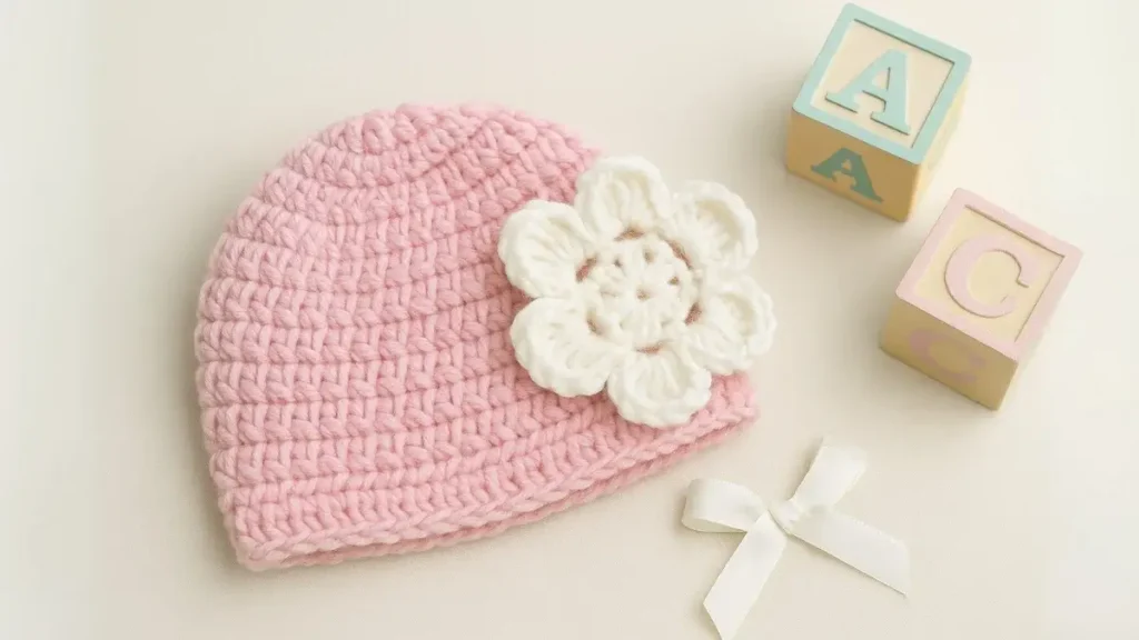 Pink crochet baby hat with large detachable white flower