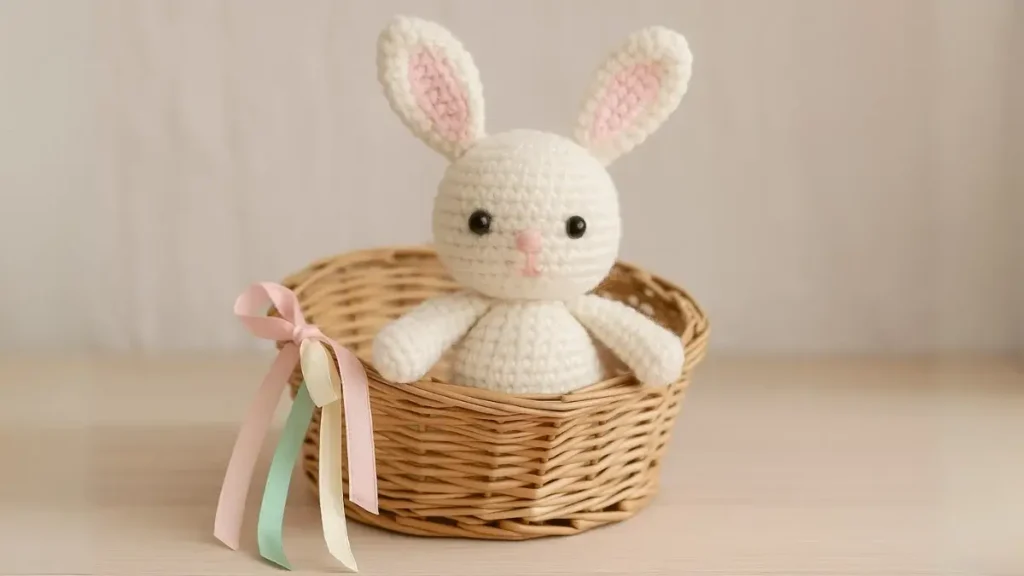 white crochet bunny with pink ears