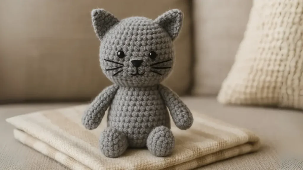 gray crochet cat with embroidered whiskers
