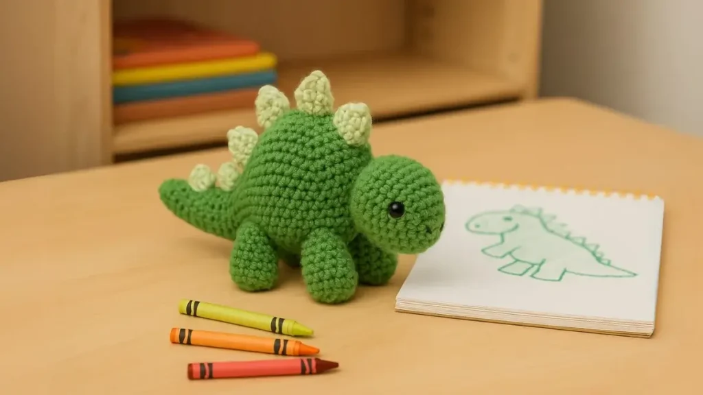 green crochet dinosaur with spikes