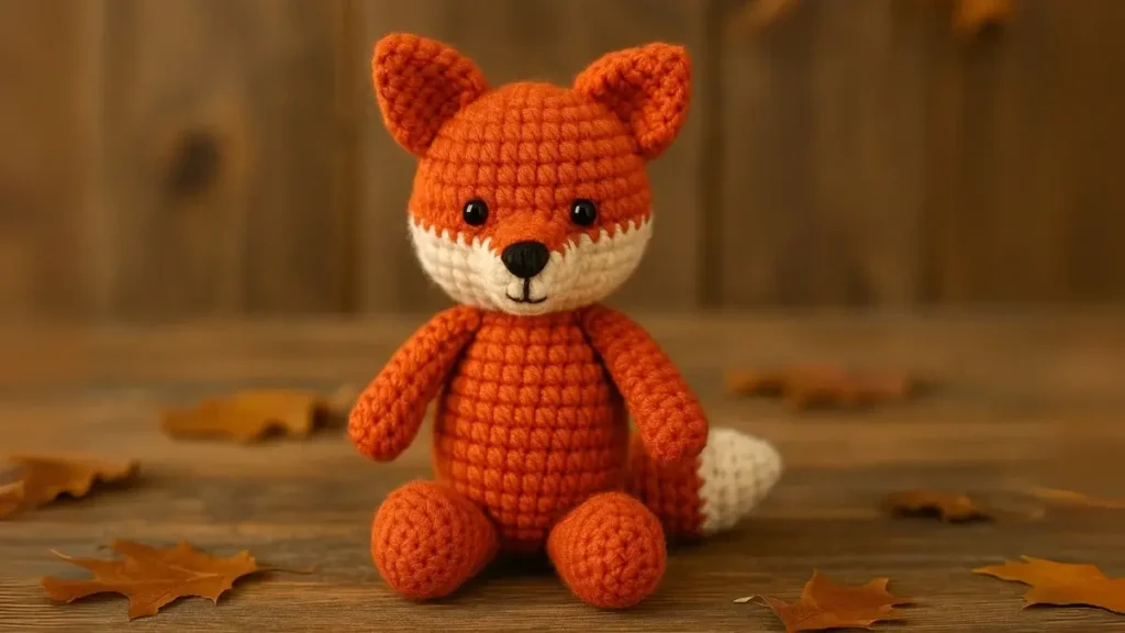 orange crochet fox with white details