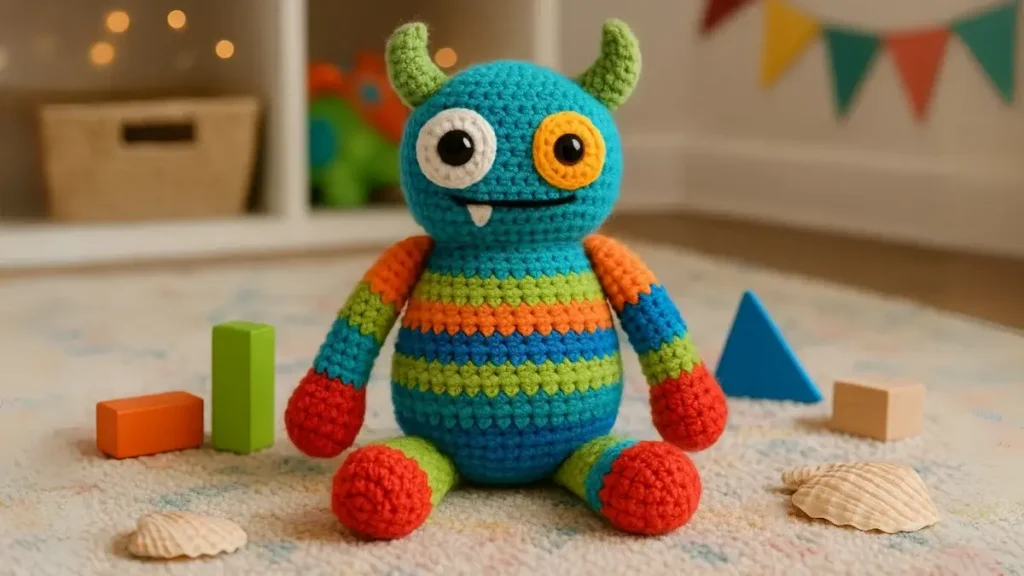 colorful crochet monster with mismatched eyes