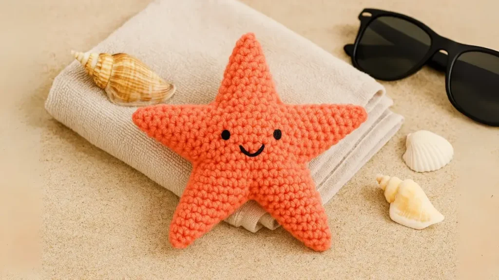 crochet starfish in coral yarn