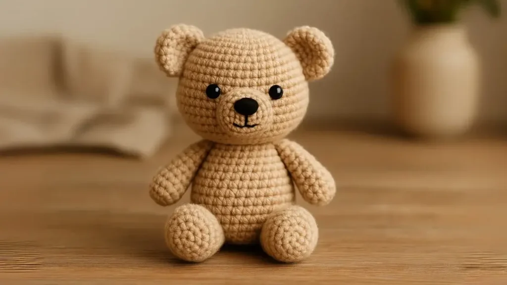 small crochet teddy bear in beige yarn