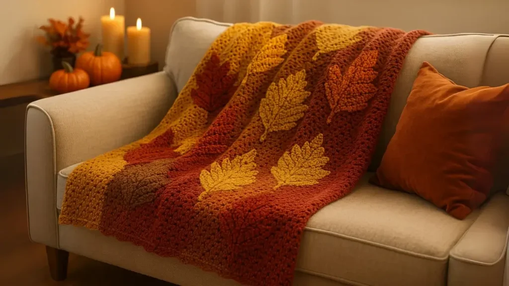 Golden crochet throw blanket with autumn leaf design on a couch