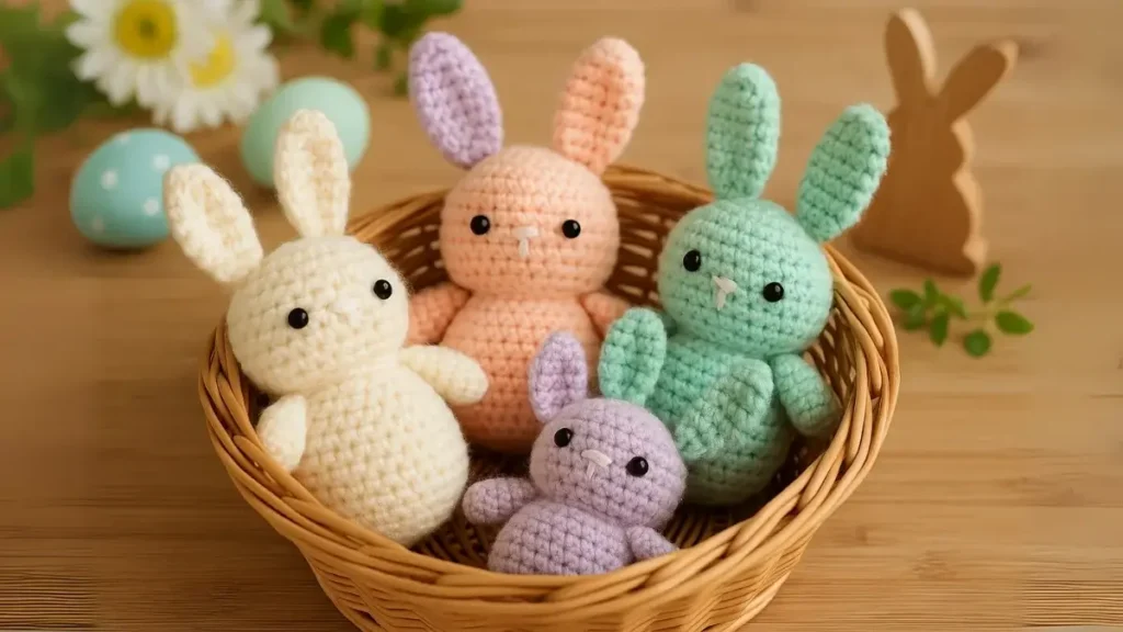 Set of pastel-colored mini crochet bunnies in a wicker basket.