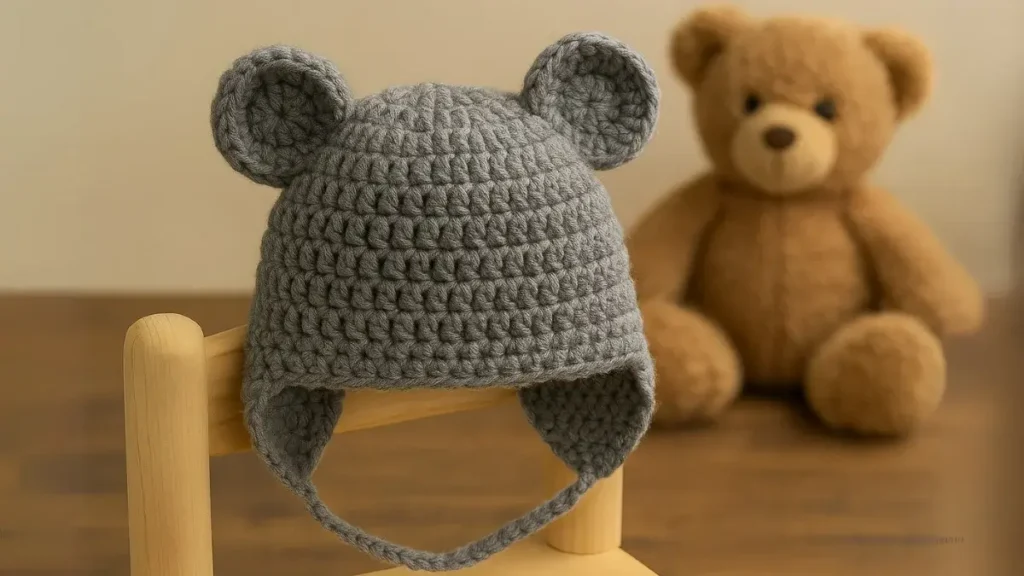 Gray crochet baby hat with round bear ears