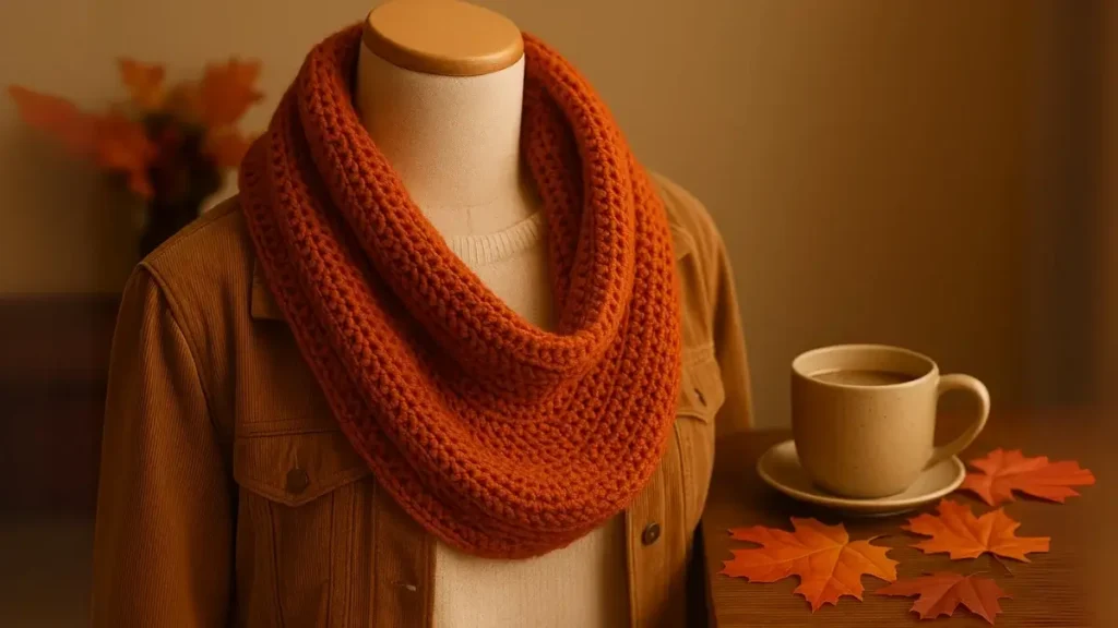 Pumpkin orange crochet infinity scarf styled for fall