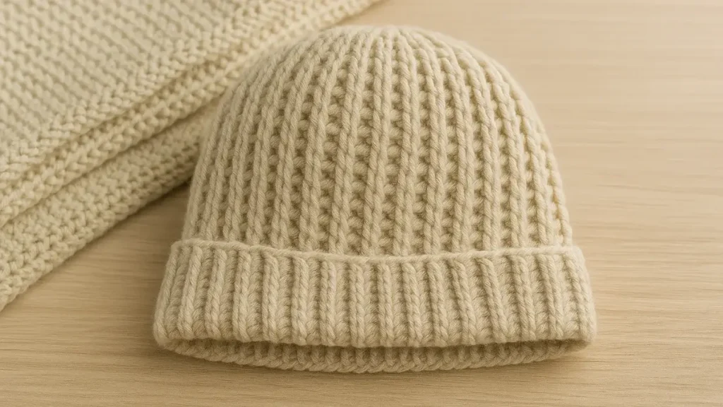 Neutral ribbed crochet baby hat with folded brim