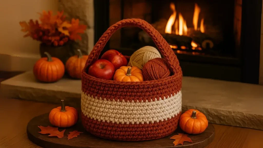 Crochet harvest basket with apples and pumpkins