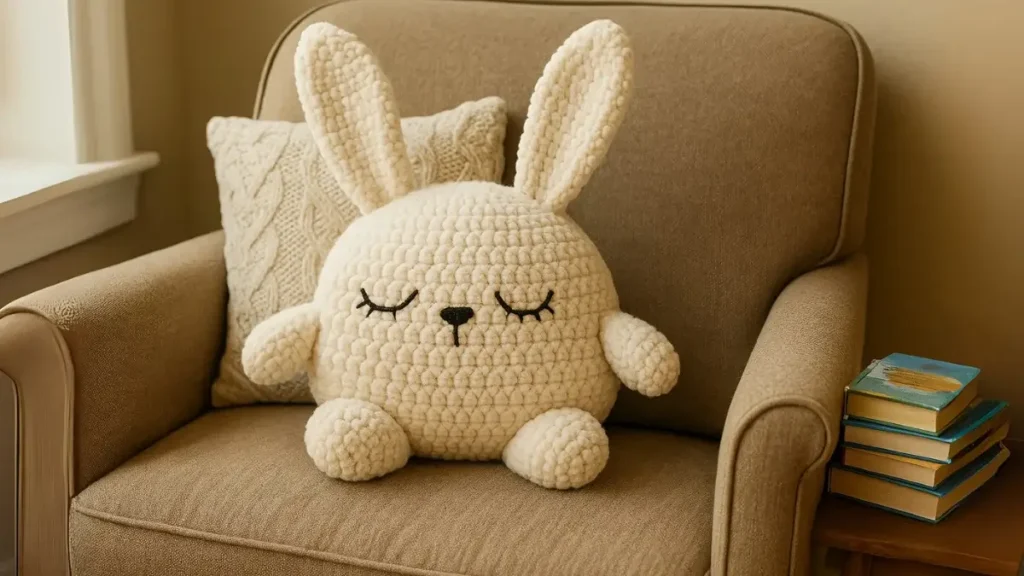 Large crochet bunny pillow with embroidered sleepy eyes.