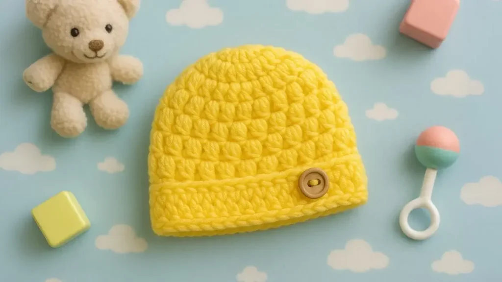 Bright yellow crochet baby beanie with button detail