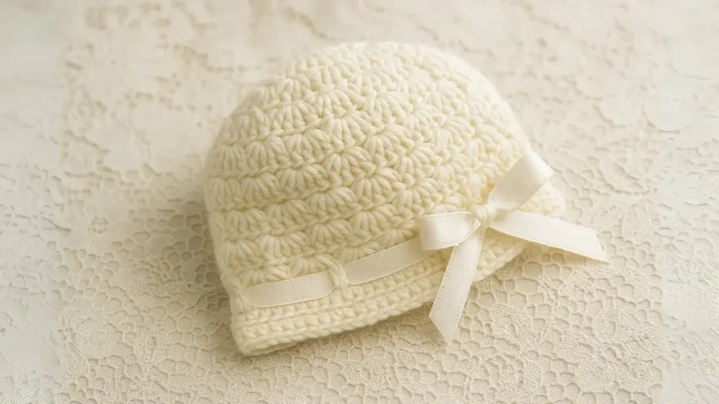 Elegant crochet baby hat with shell stitches and ribbon