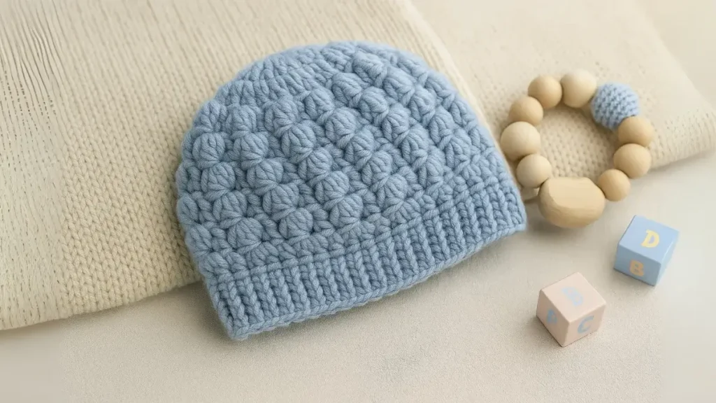 Blue crochet baby hat with puff stitches and cozy texture
