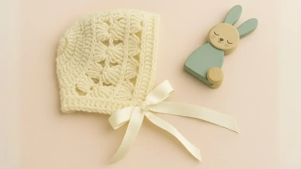 Cream crochet baby bonnet with lace stitches and ribbon ties