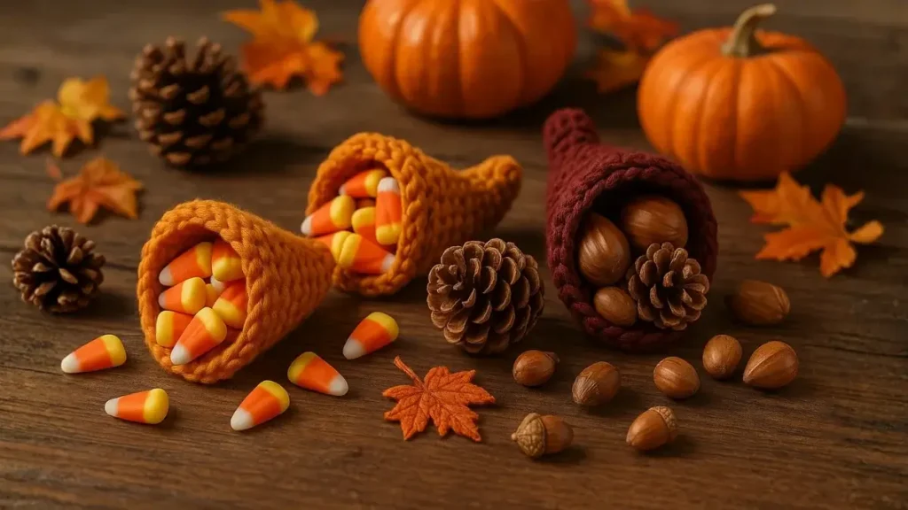 Small crochet cornucopia baskets filled with candy corn, pinecones, and nuts on a wooden table.