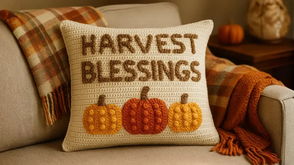 Crochet pillow with bobble-stitched pumpkins on a cozy couch with plaid blankets and fall décor.