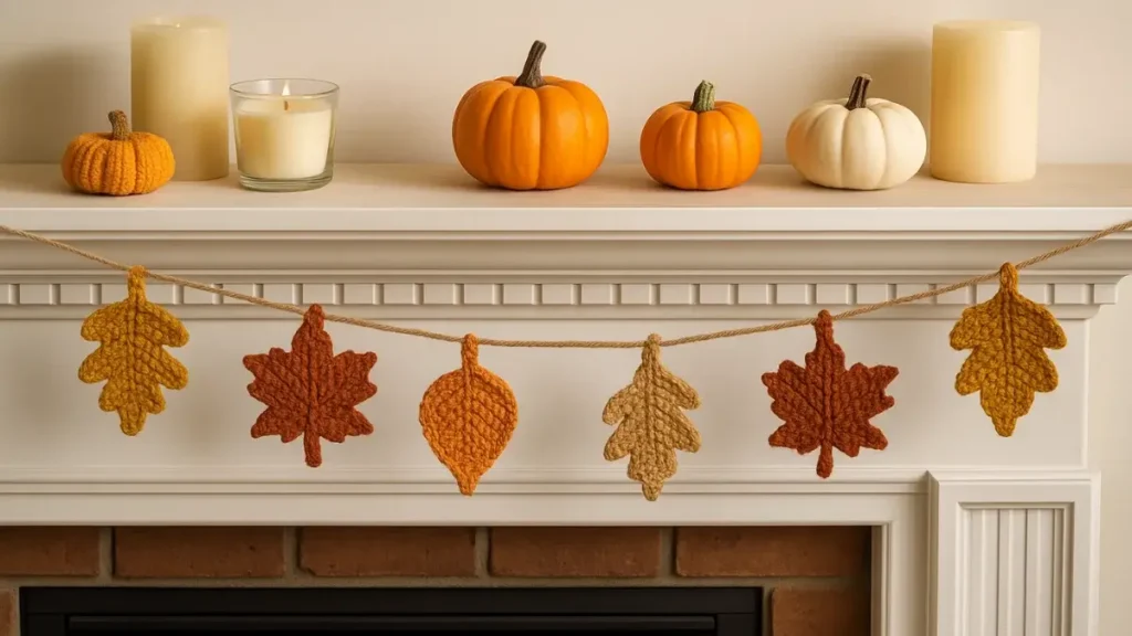 Crochet leaf garland with maple and oak shapes hanging across a fireplace mantel with candles and pumpkins.