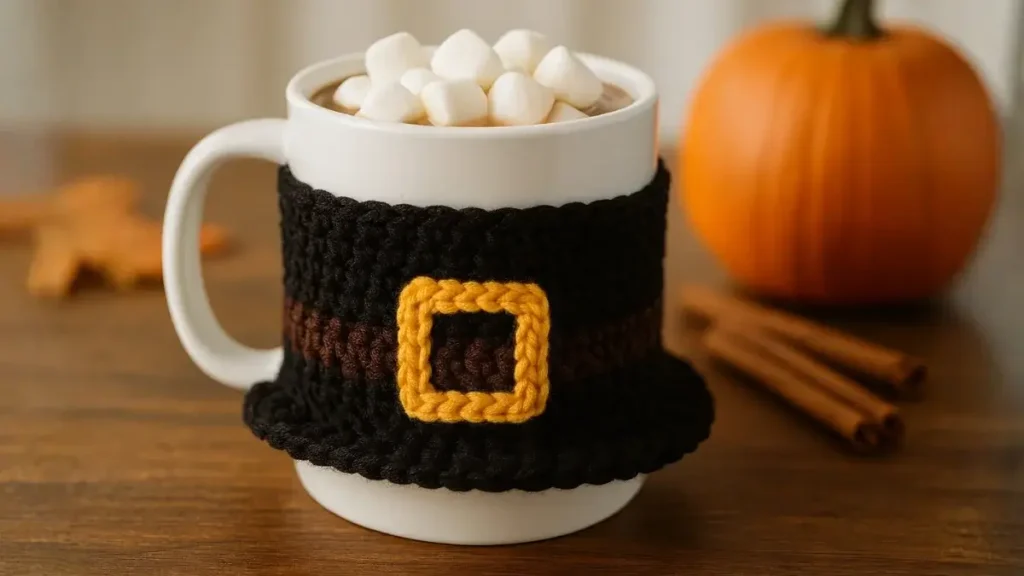 Crochet pilgrim hat cup cozy wrapped around a mug of hot cocoa topped with marshmallows and pumpkins in the background.