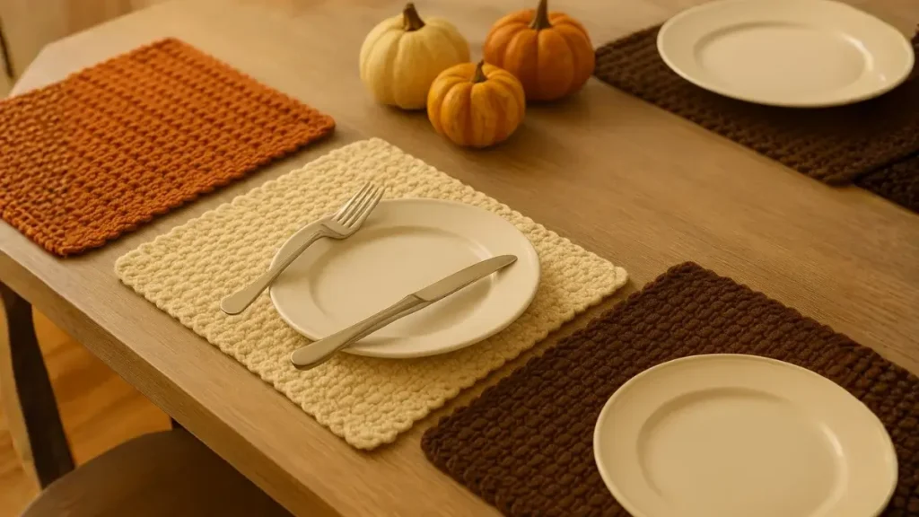 Crochet placemats in orange, cream, and brown colors on a Thanksgiving table with plates and pumpkins.