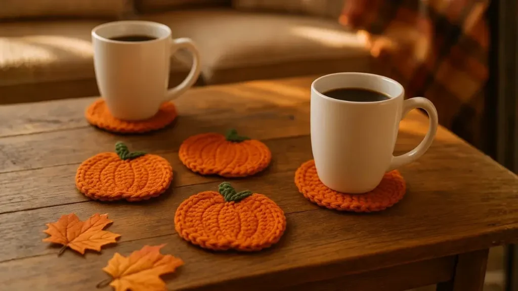 Orange crochet pumpkin coasters with coffee mugs on a rustic wooden table in soft fall light.