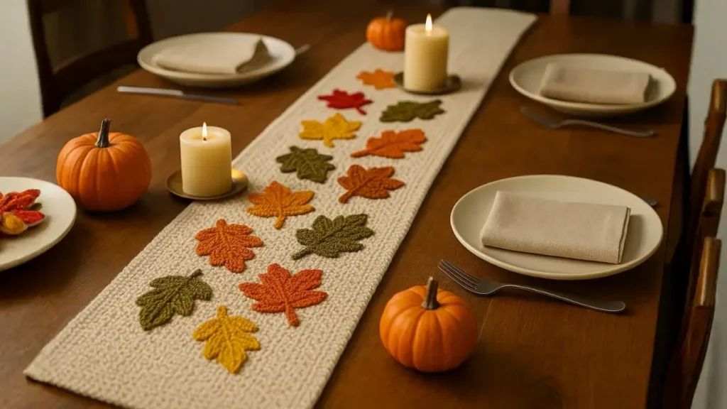 Crochet table runner with colorful leaf motifs on a Thanksgiving dining table with pumpkins and candles.