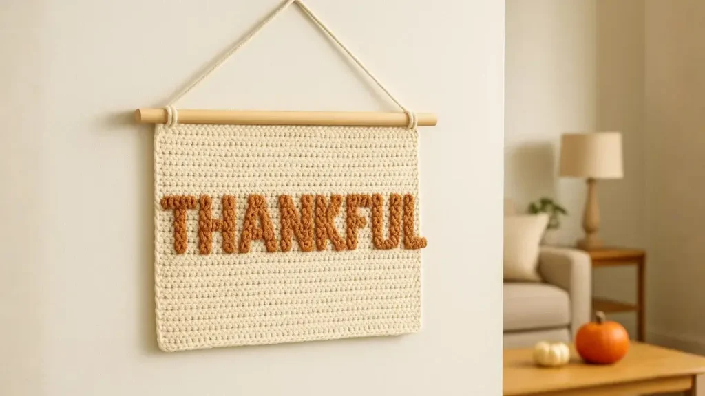 Crochet wall hanging with the word “Thankful” in bobble stitches mounted on a wooden dowel.