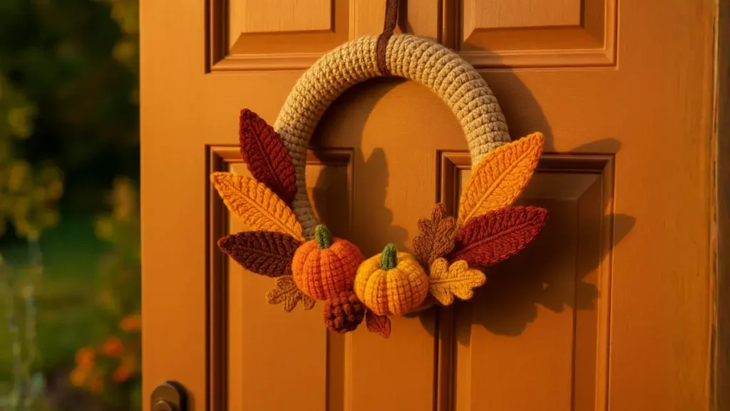 Crochet wreath with colorful feathers and tiny pumpkins hanging on a front door during golden hour.