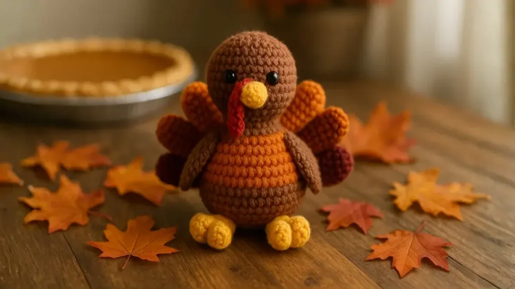 Handmade crochet amigurumi turkey in warm fall colors on a wooden table with pumpkin pie and autumn leaves.