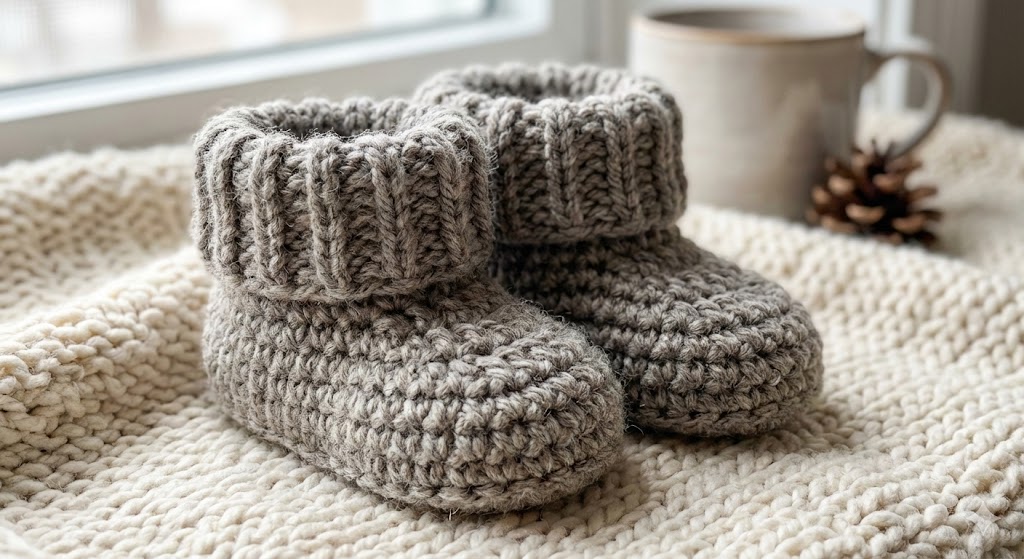 Gray Ribbed Cuff Baby Booties for Winter