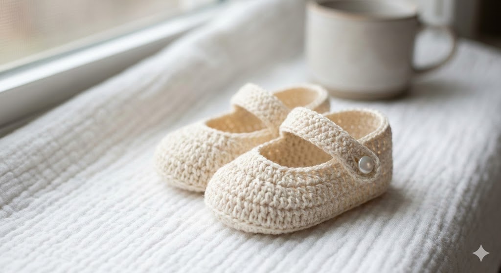 Handmade Cream Baby Mary Jane Booties with Button Detail