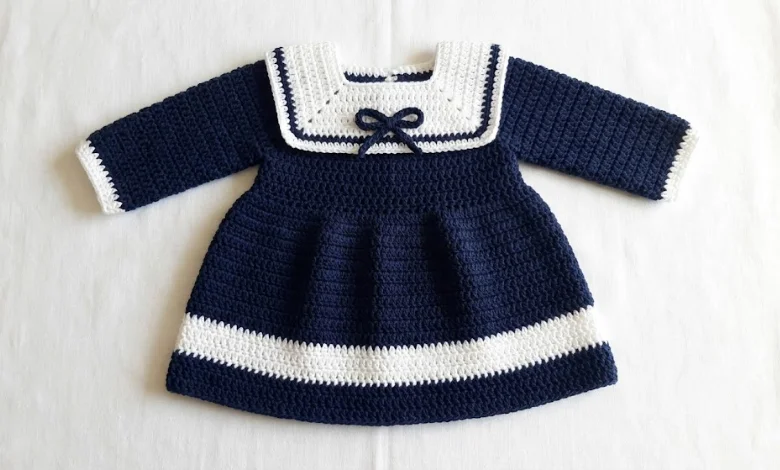 Navy crochet sailor baby dress