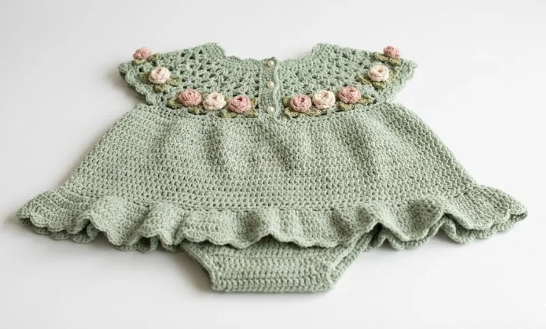 Sage floral crochet baby dress