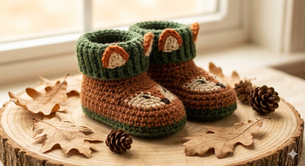 Woodland Animal Theme Baby Booties in Brown