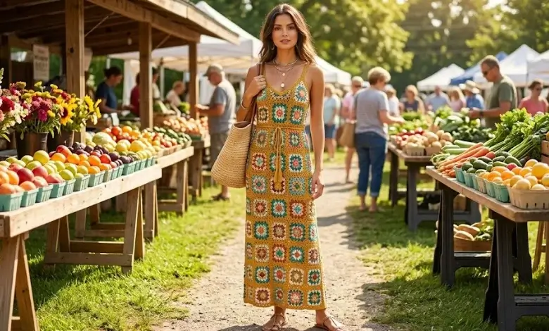 Woman wearing a floor-length boho granny square crochet maxi dress in mustard teal and coral at an American farmers market
