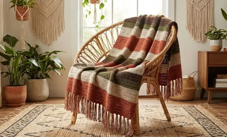 Earthy toned boho crochet striped blanket with knotted fringe trim draped over a rattan chair