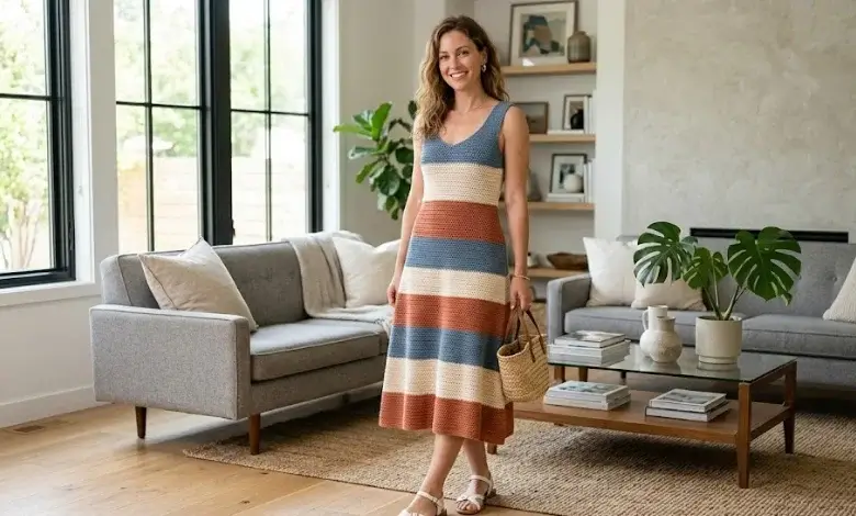 Woman wearing a midi length color-block crochet dress in dusty blue cream and terracotta stripes with white sandals in a modern American living room