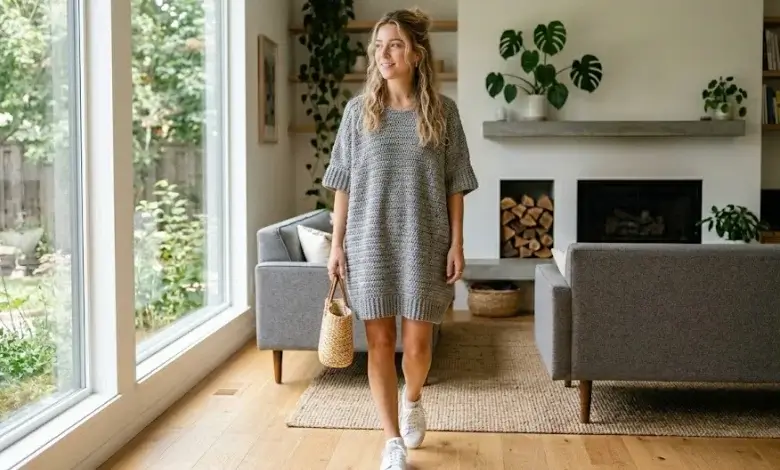 Woman wearing a heathered gray oversized double crochet t-shirt dress with ribbed hem and white sneakers in a modern American home interior