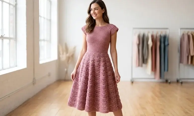 Woman wearing a dusty rose fit-and-flare crochet dress with cap sleeves structured bodice and treble crochet fan skirt in a bright studio setting